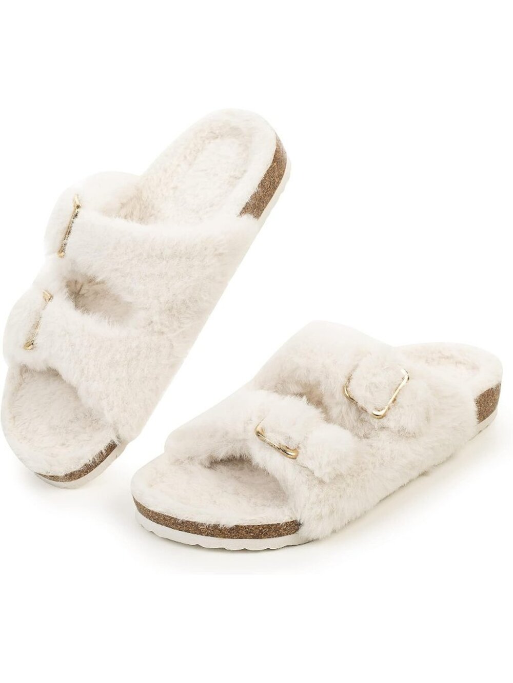 Women's Beige Lightweight Open Toe Comfy Faux Rabbit Fur Elastic Straps Slippers